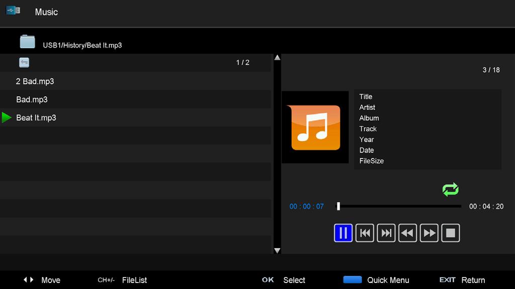 USB Mode (Cont.) Music Press the / buttons to select Music in the main menu, then press the OK button to enter it.