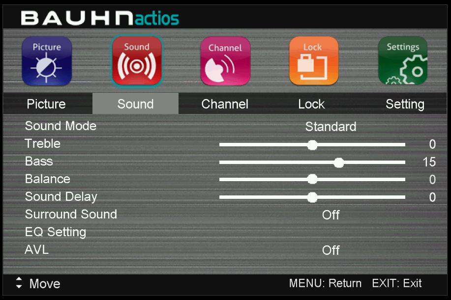 Menus (Cont.) Sound Menu (DTV & ATV mode) Sound Mode: Available options: Standard, Music, Personal, Movie.