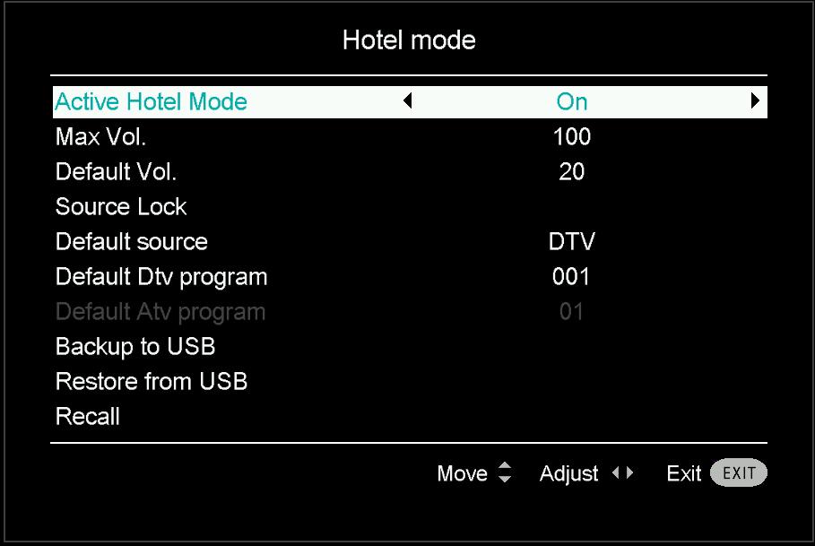 Menus (Cont.) Hotel Mode Press the OK or button to enter. Press the / buttons to select the desired item. Press the / buttons to adjust the value. Press the OK or button to enter the submenu.