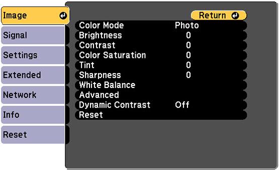 Image Quality Settings - Image Menu Settings on the Image menu let you adjust the quality of your image for the input source you are currently using.