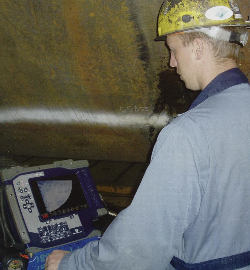 Figure 5 - From Insight, photo of phased array weld inspection using S-scan. A Standard Practice for phased array is currently being drafted (essentially a procedure for manual and encoded PA).