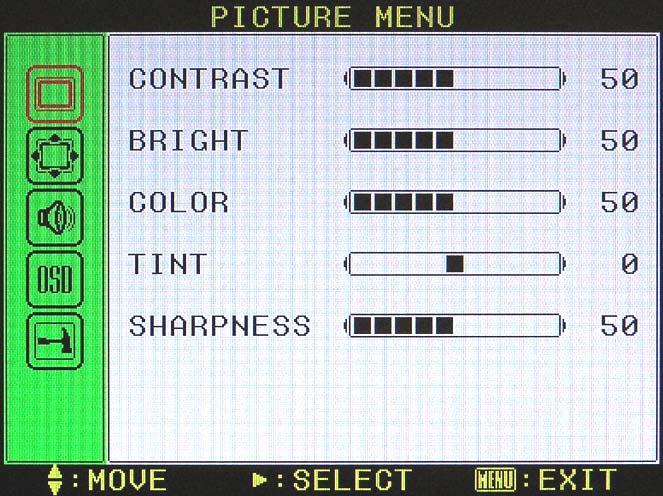 A/V Menu Operations 2. PICTURE MENU Contrast (0~100) Adjust contrast by using right/left keys. Bright (0~100) Adjust bright by using right/left keys.