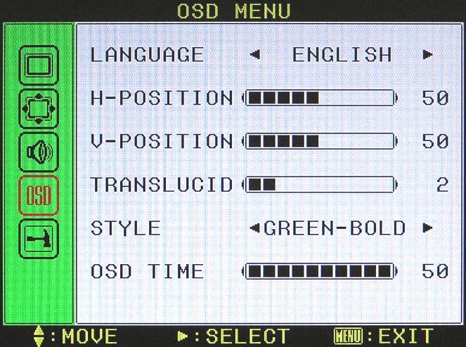OSD MENU Language (English) Select language of menu by using right/left keys. H-Position (0~100) Adjust horizontal position of menu box by using right/left keys.