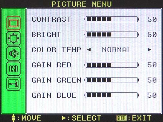 Gain Green (0~100) Adjust green gain by using right/left keys. 2. SCREEN MENU Gain Blue (0~100) Adjust blue gain by using right/left keys.