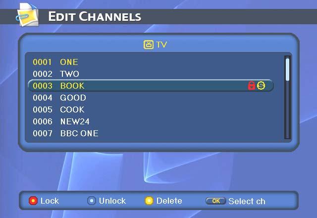 TV(DVB-T) Menu Operations 3. Channel List Edit Channels You can edit channels with Lock, Unlock, Delete and Edit buttons.