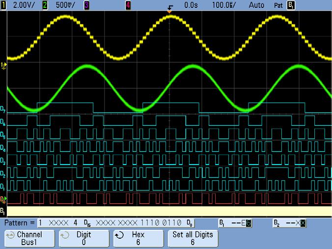 5 Viewing Multiple Signals in an MCU-based Design with an MSO At center screen, notice the pattern of channels D0 D7, which is synchronous with the highest