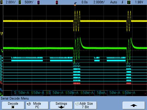 Notice that the oscilloscope may trigger on multiple chirps of different lengths (1, 2, or 3 cycles) using standard edge triggering.