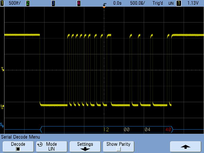 8 CAN/LIN Demo Instructions You should now see that the oscilloscope is triggering stable on sync breaks of random frames.