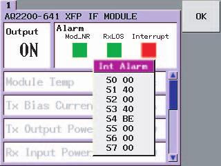 9.5 XFP Interface Module Displaying XFP Transceiver Internal Alarm Information An alarm is detected inside the XFP Transceiver when Interrupt under Alarm is red.