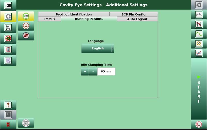 FIRST STEPS 4.5.2 Running parameters and language Language: You can choose the software user-interface s language. Cavity Eye needs to be restarted in order to load the selected language.