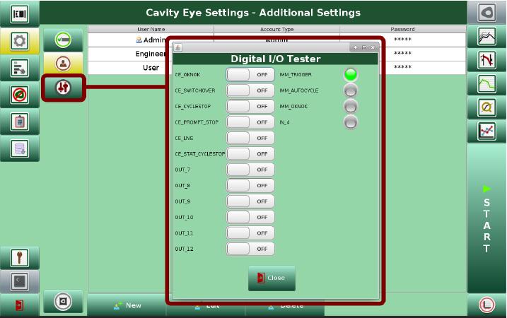 FIRST STEPS Digital I/O tester dialog serves as a manual control for each output signal on the pins and also shows a green light feedback on each input pins.