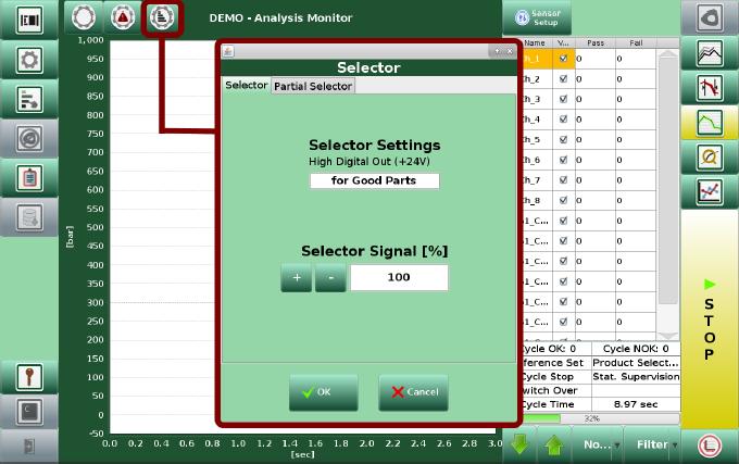 MEASURING WITH CAVITY EYE SOFTWARE Selector Settings: The system can emit signal either for Good parts or Bad parts.