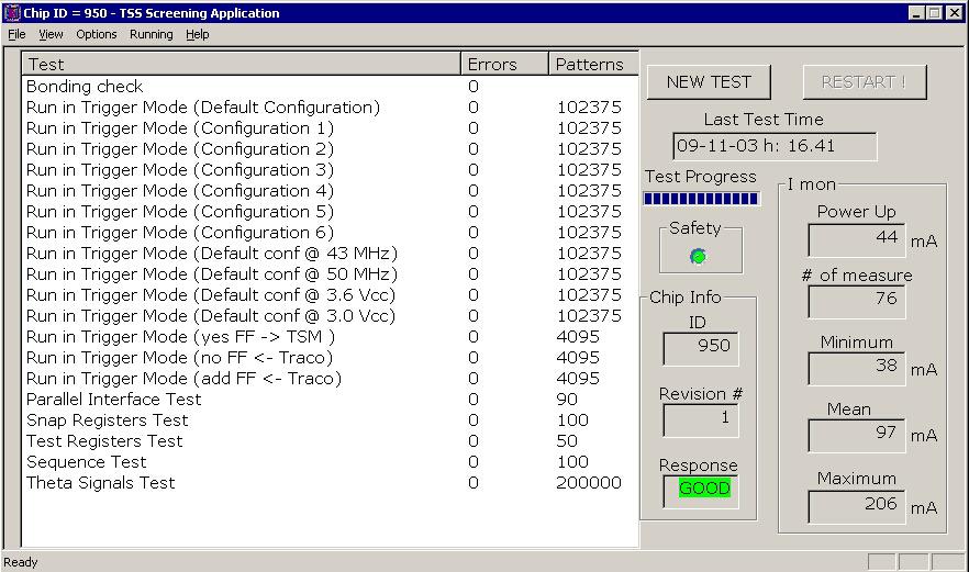 Software for tests Developed under Win2000 with Visual C++ SW controls all test options: Generates,