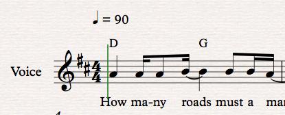 in this case D. The chord will appear above the score.