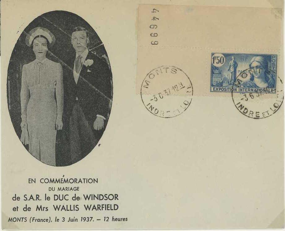 (The 2nd of the two French commemorative covers, dated at Monts on the wedding day.