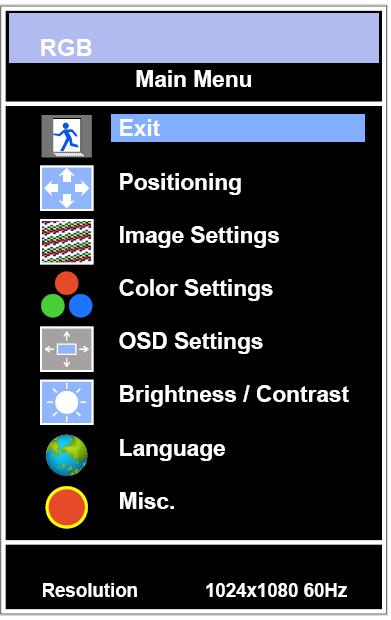 OSD Menu Description All picture, sound settings and setup for the monitor can be adjusted in the OSD menu. To adjust the OSD screen: 1. Press the MENU button to enter the OSD menu. 2.