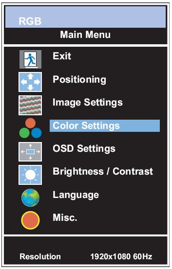 4. Color Settings Option Function Value Color Adjust Adjusts red, green & blue colors of the