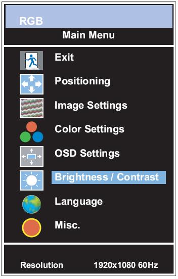 6. Brightness / Contrast Option Function Value Exit Returns to previous menu.