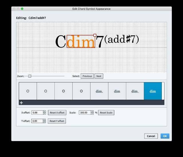 The large editing area can be zoomed in and out using the slider directly below; you can click on each component of the chord symbol (e.g. root, root accidental, quality, interval, alterations, etc.