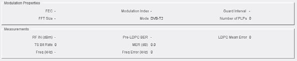 1 DVB-T Modulation Properties DVB-T2 Parameter Values/Units Description FEC 1/2, 2/3, 3/4, 5/6, 7/8 Modulation Index QPSK, 16QAM, 64QAM Displays the High Priority