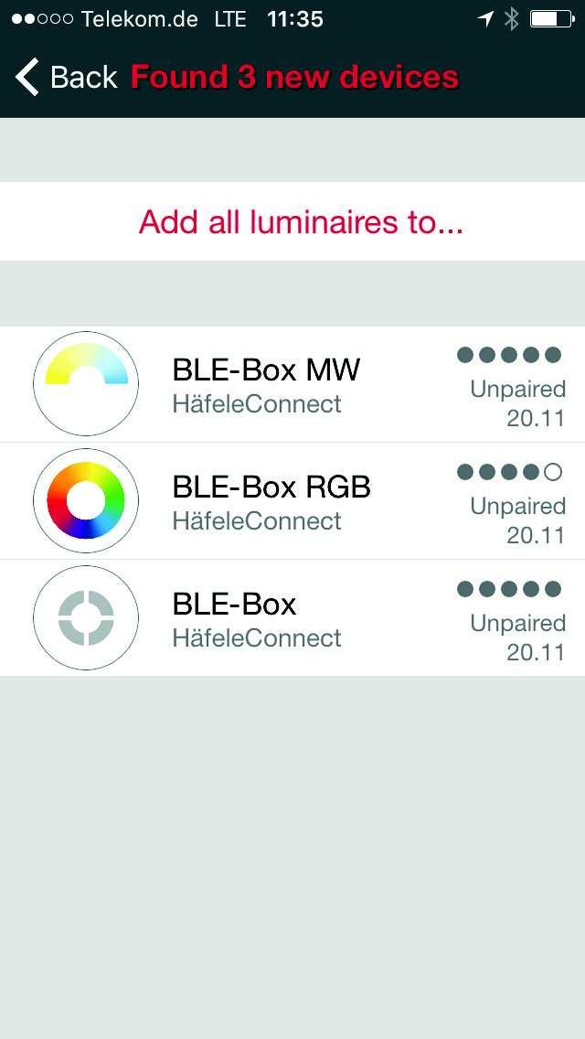 Häfele Connect App will automatically add all