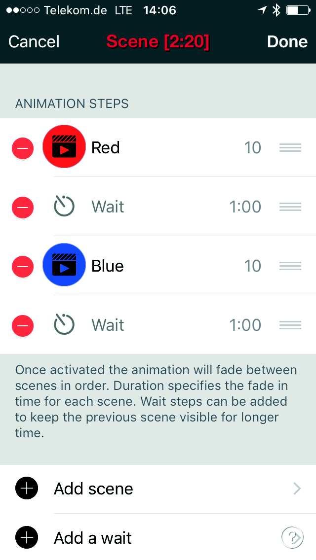 Every device can be used in several scenes. 1. Tap on + and enter a name for the scene. Select the Add a scene option. 2.