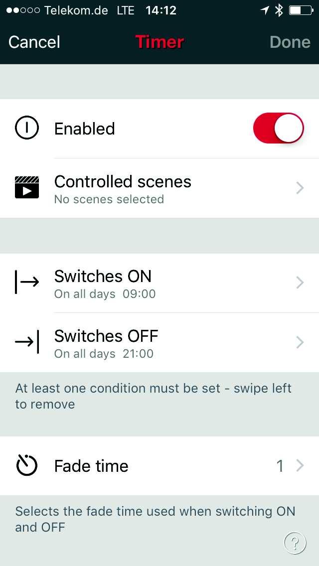 Tap on the Switches ON button to set the time when the scene / animation should turn on and tap on the Switches OFF button to set the time when the scene / animation should
