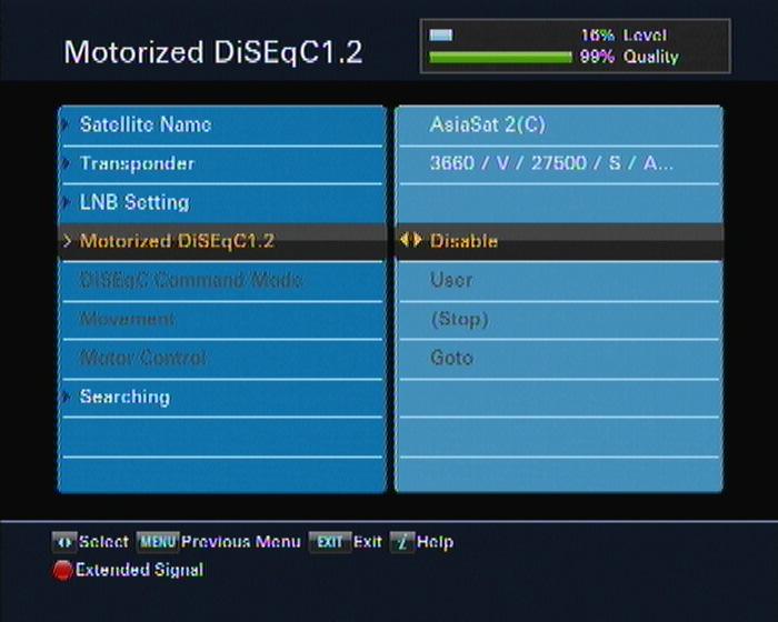 see a screen like the left figure At first you have to set the Motorized DiSEqC 12 option to Enable To get the correct position of your desired satellite, take the following steps: 1 Choose your