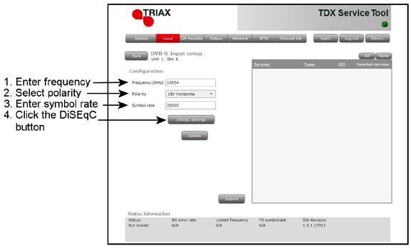 TDX Service Tool DiSEqC button Click the DiSEqC settings button