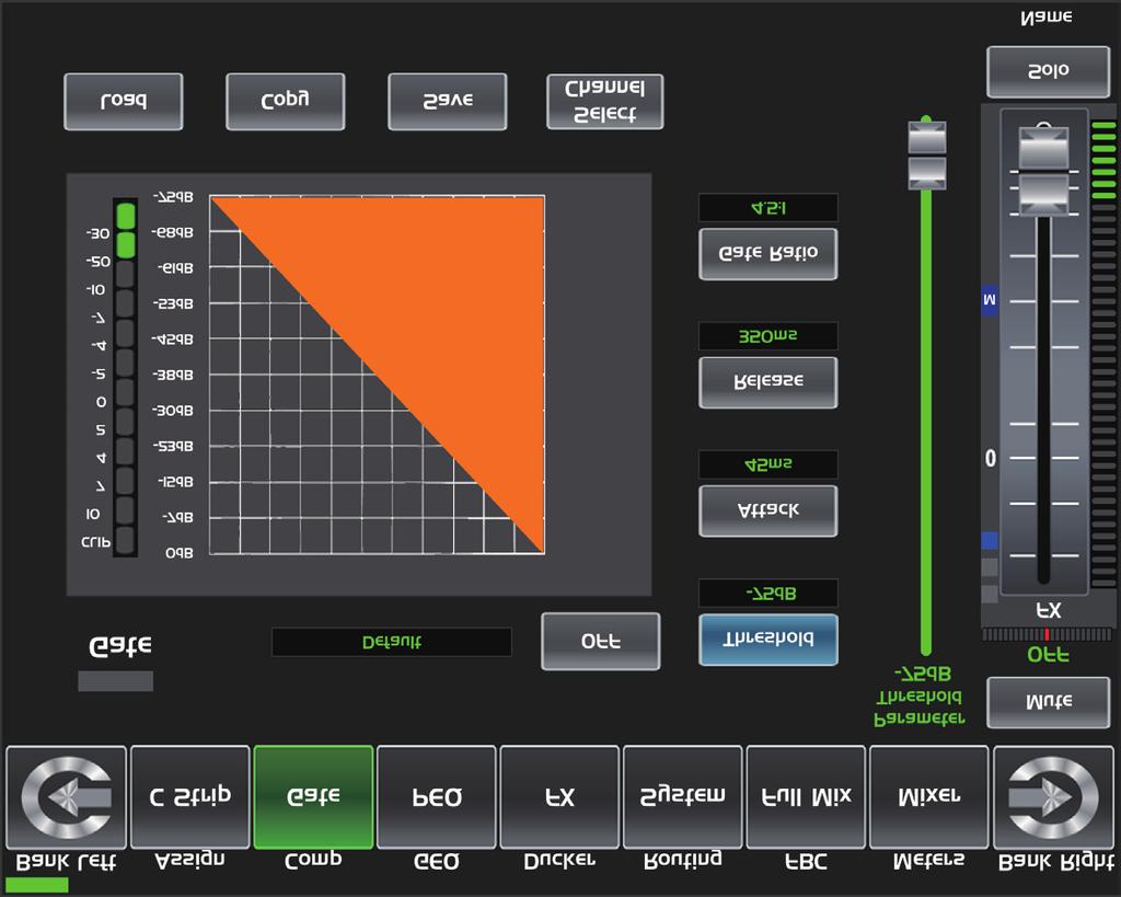 Touch the switch to enable Compressor function, then rotate Parameter Adjust knob or slide long fader on the right LCD screen to adjust value of Threshold, which will show in the middle box.