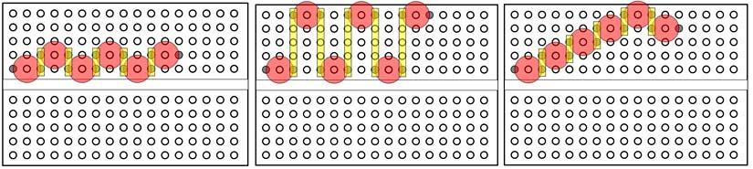 breadboard (and the LEDs are all facing the same direction). The three configurations in Figure 11 below all do the same thing electrically: Figure 11.
