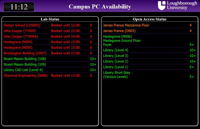 Figure 1 : Campus PC lab availablity display Group Study Room Bookings The University Library has several 'group study rooms' and meeting spaces that are bookable by both staff and students.