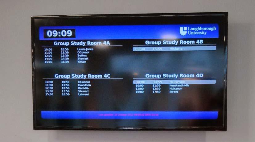 Figure 2 : 'Branded' group study room display screen Other current uses for the Pi driven display screens Once the data feed driven PC lab availability and group study room booking displays were