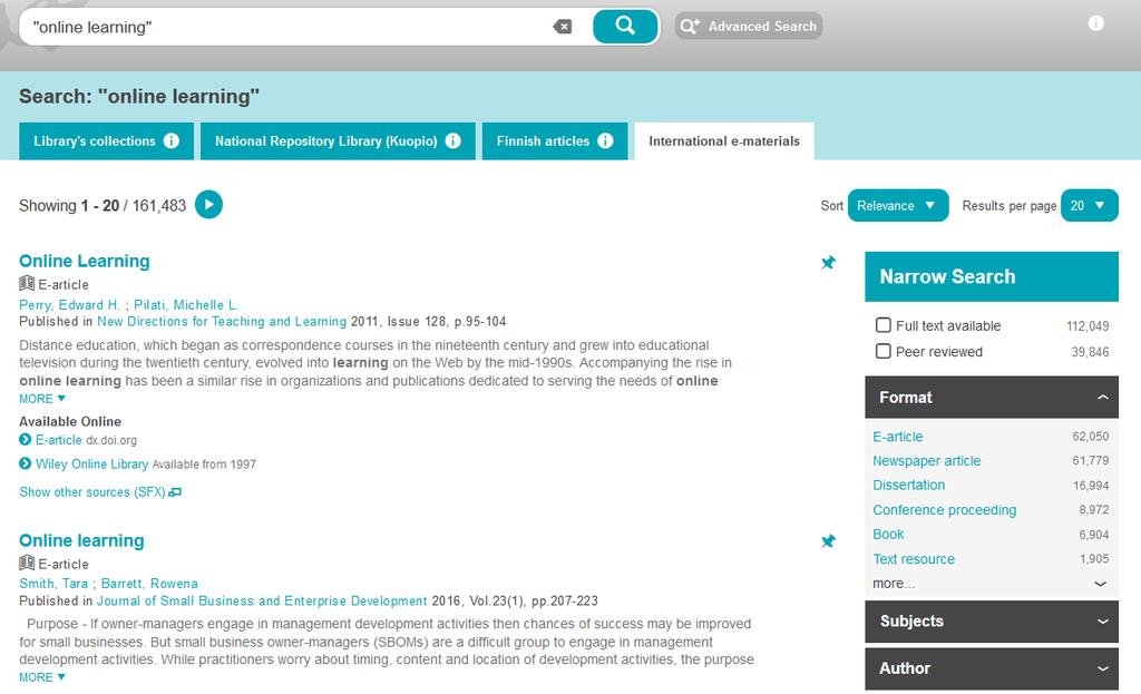JYKDOK: International e-materials -tab In International e-materials search find scholarly articles