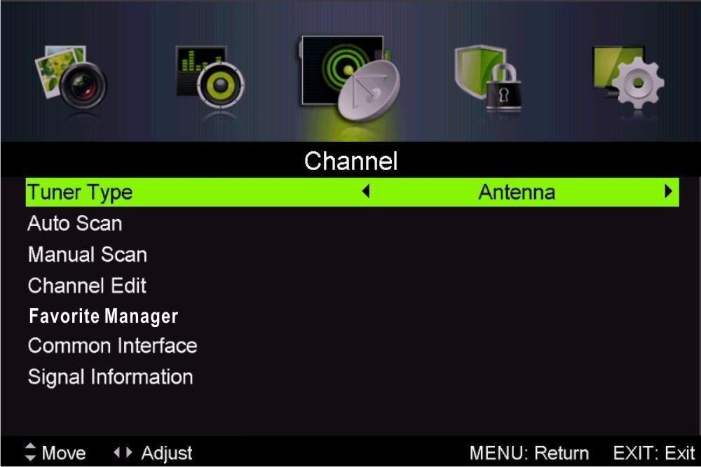 Channel Press MENU button to display the main menu.