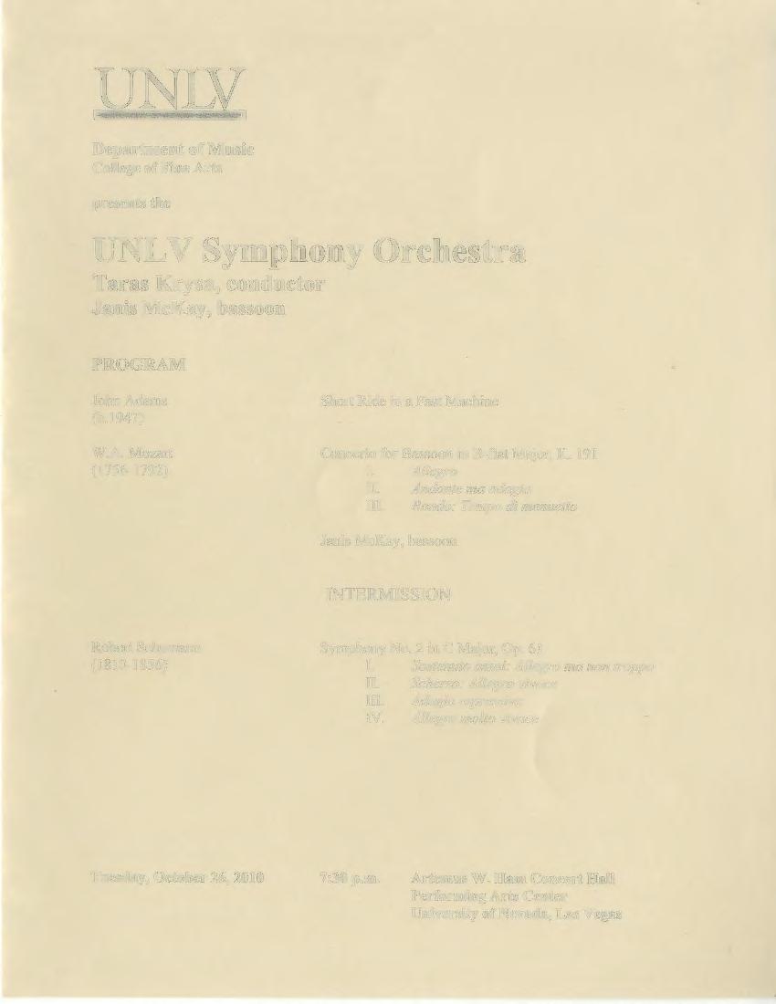 Department of Music College of Fine Arts presents the UNL V Symphony Orchestra Taras Krysa, conductor Janis