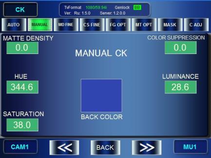 4-5. Creating Chromakeys (MBP-12CK or MBP-100CK) 4-5-1. Auto Chromakey 1) Press the CK button on the front panel (or tap CK in the TOP menu) to go to the CK menu.