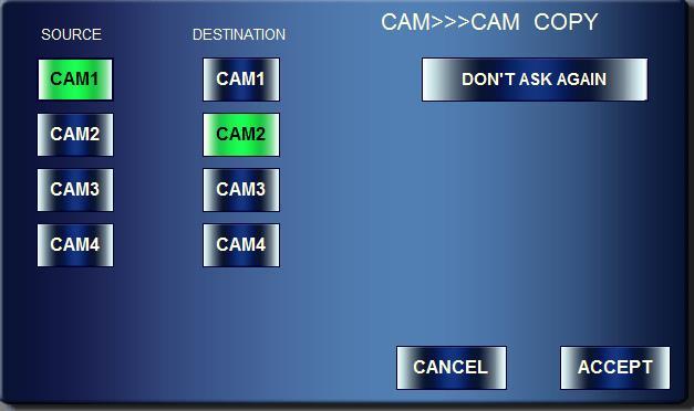3) Once a camera is dropped on another camera, the CAMERA COPY menu as shown below appears]verify that the source and destination cameras are properly set.