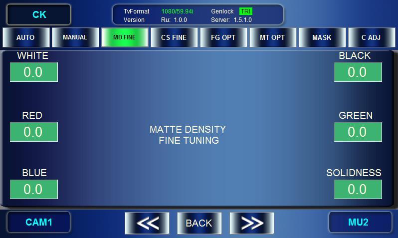 5-6-4. MATTE DENSITY FINE TUNING Menu The MATTE DENSITY FINE TUNING menu allows you detailed adjustments of density for generating matte signals in chromakeying.