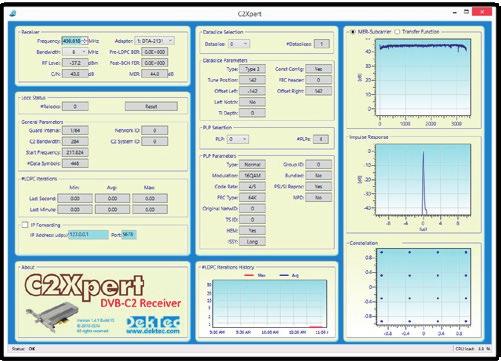 DTC-343 C2Xpert Real-time application for demodulating DVB-C2, displaying signalling information and outputting a demodulated Transport Stream on UDP Works with DTA-2131 Measures RF level, C/N and
