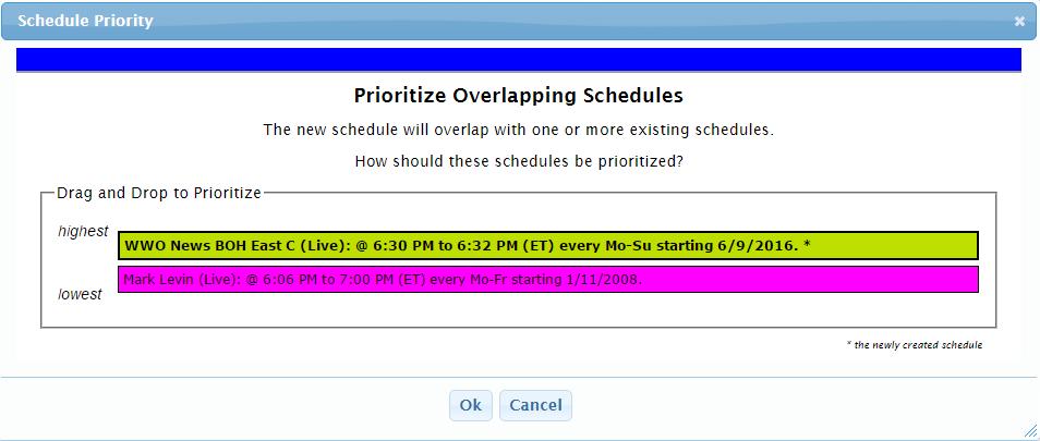 CONFLICT RESOLUTION If you attempt to schedule two programs to play from the output port at the same time, the scheduler will detect that conflict and when saving a new window will appear with the