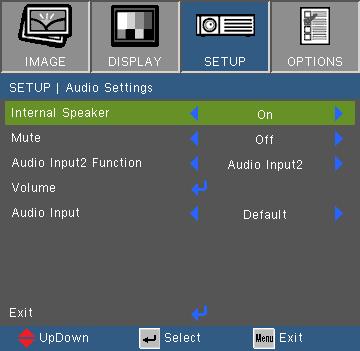 User Controls SETUP Audio Settings Internal Speaker Choose the On or Off to turn on or off the internal speaker. Mute Choose the On to turn mute on. Choose the Off to turn mute off.