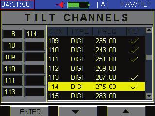 In Figure 3-7-1, press to enter the tilt channels setup menu, select the channels that you want to do tilt test as Figure 3-7-2; press or to change the highlight line, and then press the to select or