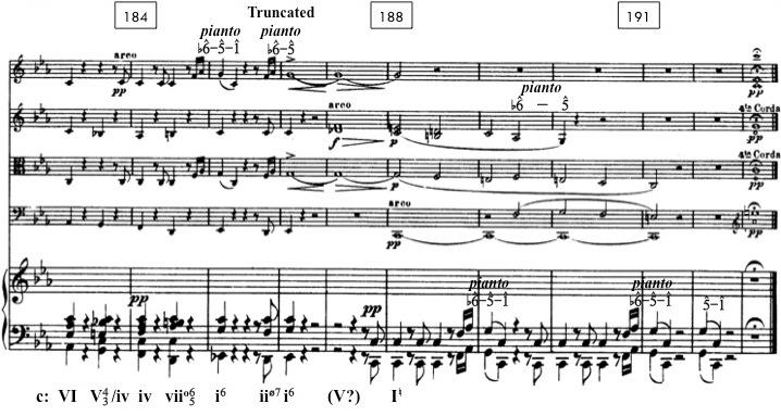 doesn t seem to want to abandon the b6 5 motion. Schumann adamantly continues to avoid a strong authentic cadence at the end of the movement. There is no sense of a dominant harmony until beat 2 of m.