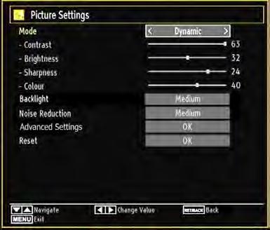 Picture Settings Menu Items Mode: For your viewing requirements, you can set various screen modes.