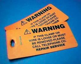 GROUND WIRE TAGS A warning not to disconnect or remove ground wire. Orange with black text. PART SIZE PKG. NUMBER LEGEND W X L COLOR QTY.