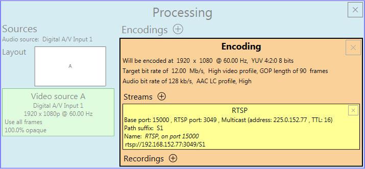 8.2.5 Encoding These settings determine how your processor encodes, transmits, or records the video and audio signals. 8.2.5.1 Include Select the signals to include (Audio only, Video only, or Audio and video) in your encoding.