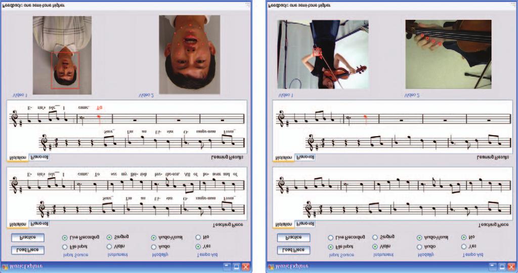 Figure 2. Initial design of the human computer interface for our system with (a) singing or (b) violin selected.