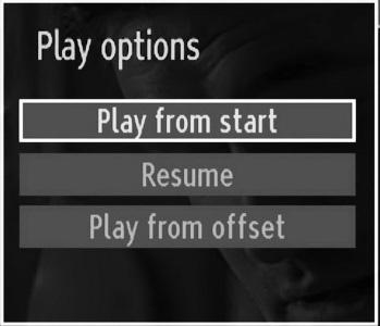 Available playback options: Play from start: Plays the recording from the beginning. Resume: Recommences the recordings. Play from offset: Specifi es a playing point.