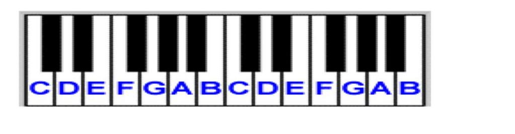 Notes on the keyboard The names of the notes on the keyboard are, beginning with C,(C is the white key preceding two black keys) are C,D,E,F,G,A,B an octave is the distance from one note to the same